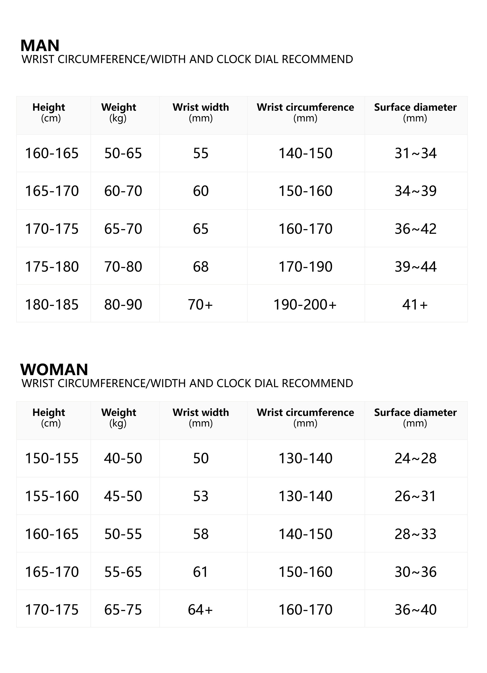 Watch Size Chart